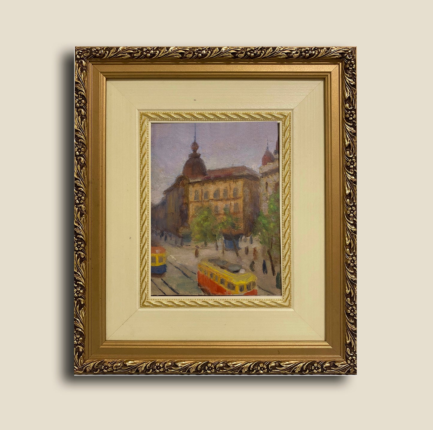 Stadtbild mit Straßenbahn. 1955.