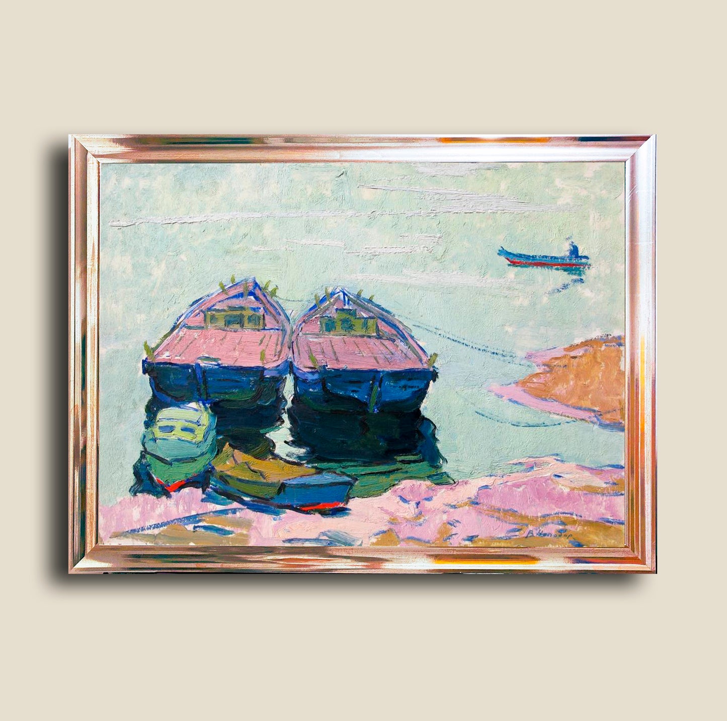 Seascape with boats on the sea. Circa 1970s