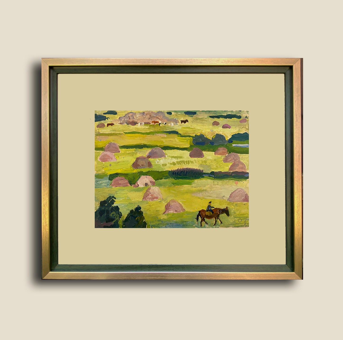 Rural landscape rider in the field. Circa 1980s.