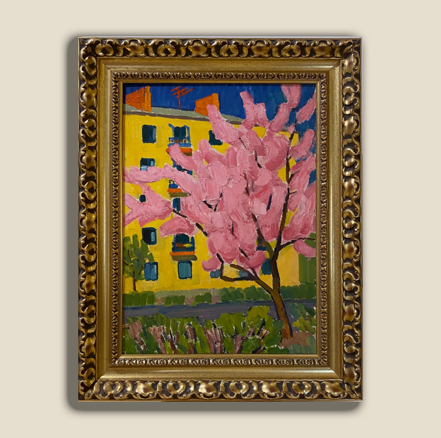 Stadtlandschaft mit rosafarbenem Baum. 1969.