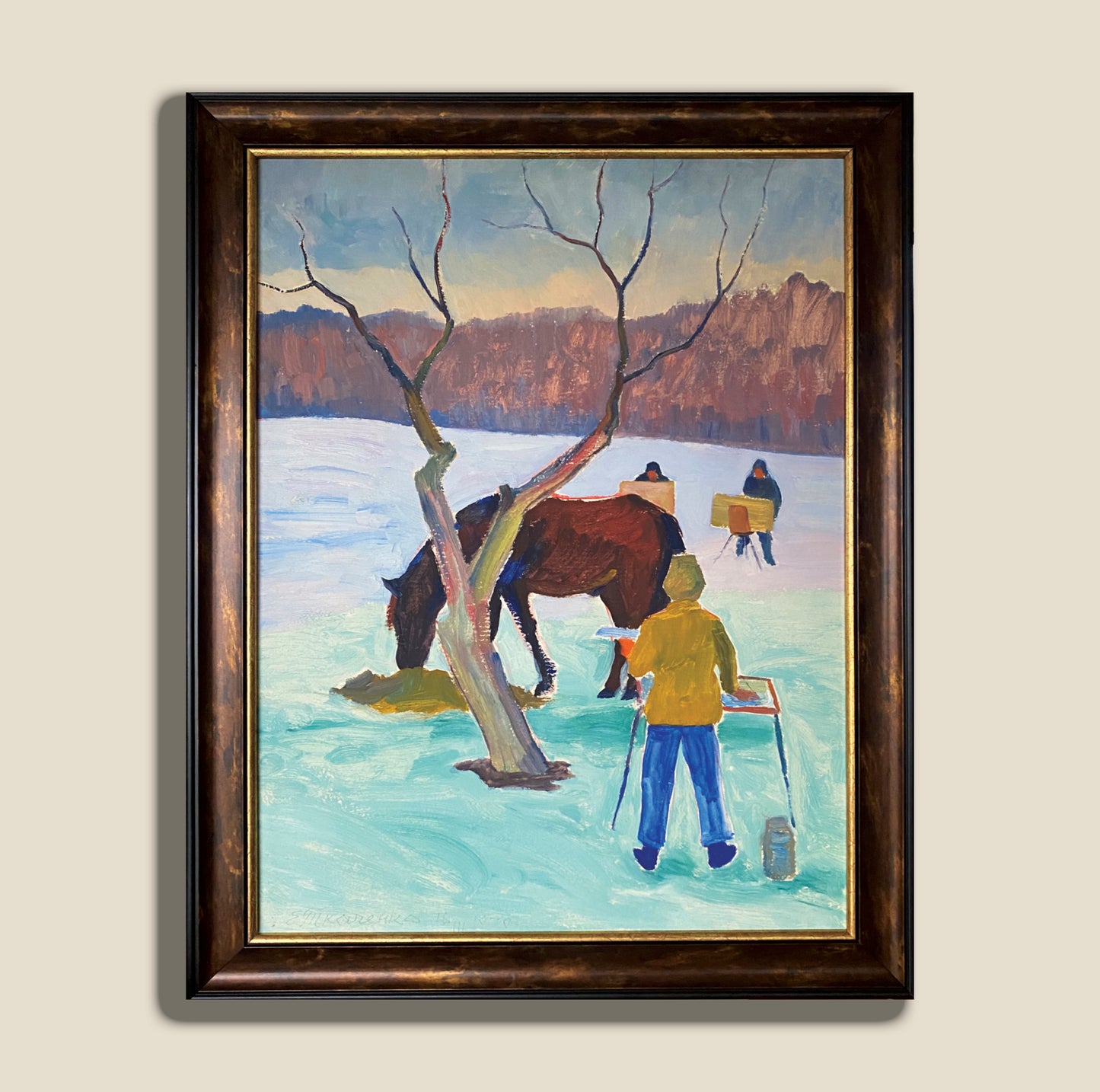 Winterlandschaft mit Pferd und Künstlern. 1979.