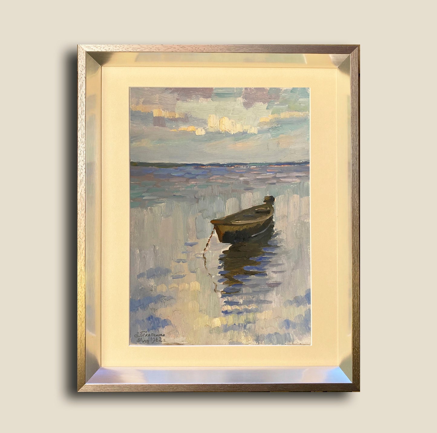 Landschaft mit einem Boot auf dem Fluss. 1962.