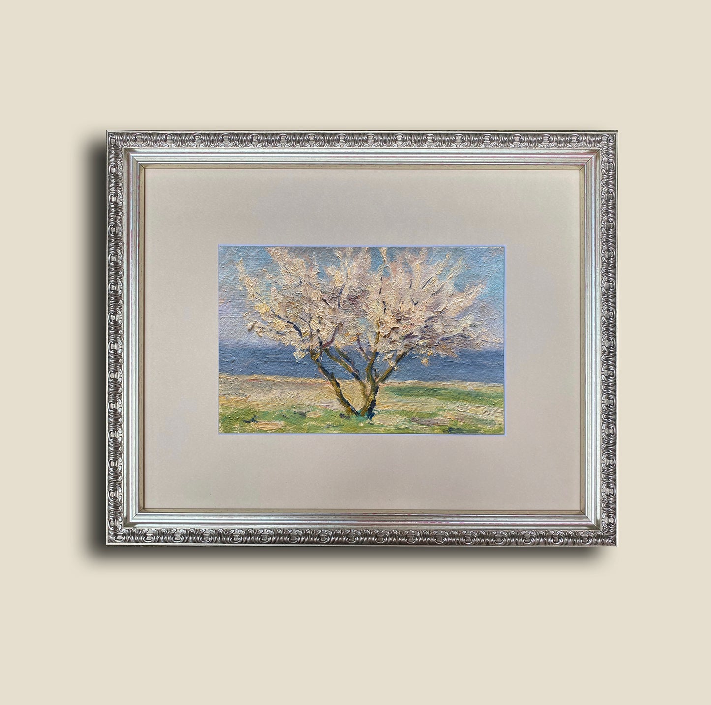 Landscape blossom tree on the river bank. 1951.