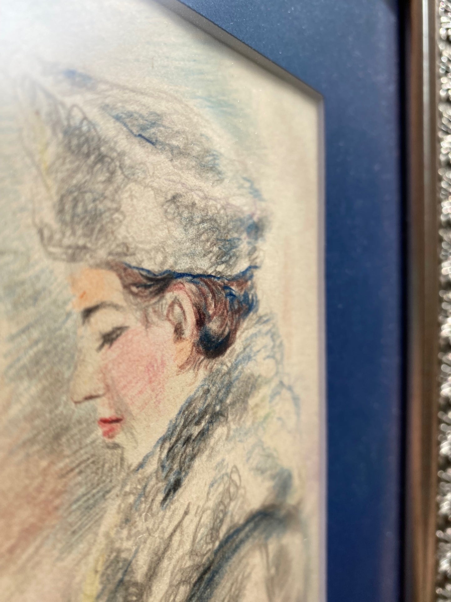 Drawing portrait of woman in retro winter clothing. 1947.