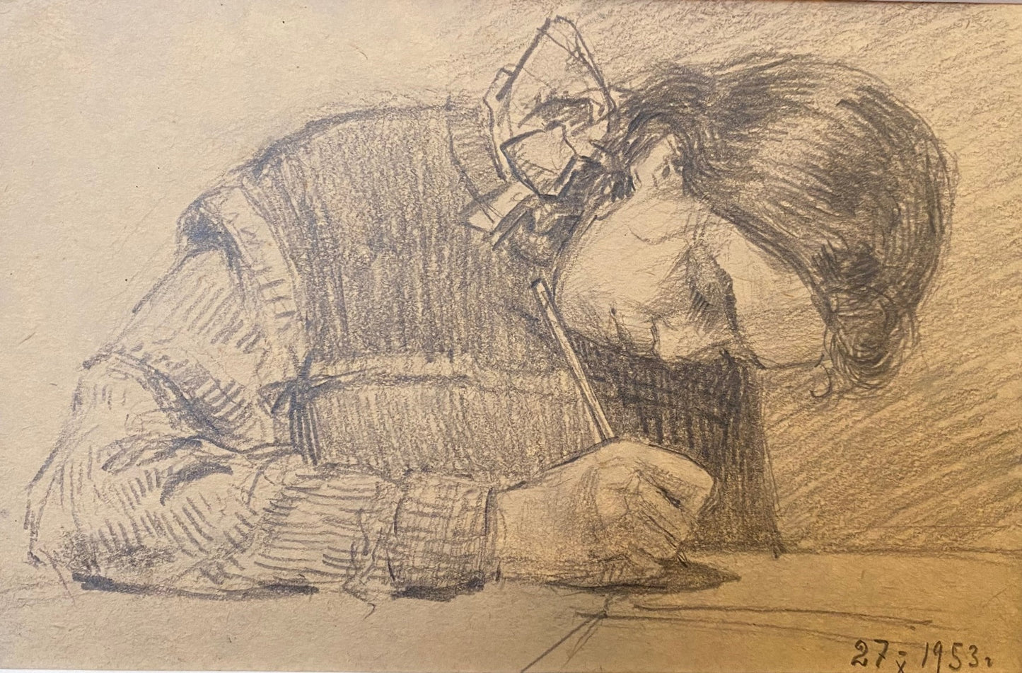 Porträt eines Mädchens, das zeichnet. 1953.