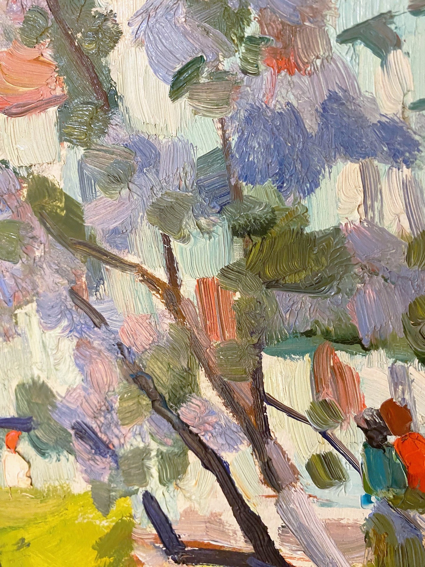 Frühlingslandschaft mit blühenden Bäumen in der Stadt. 1962.