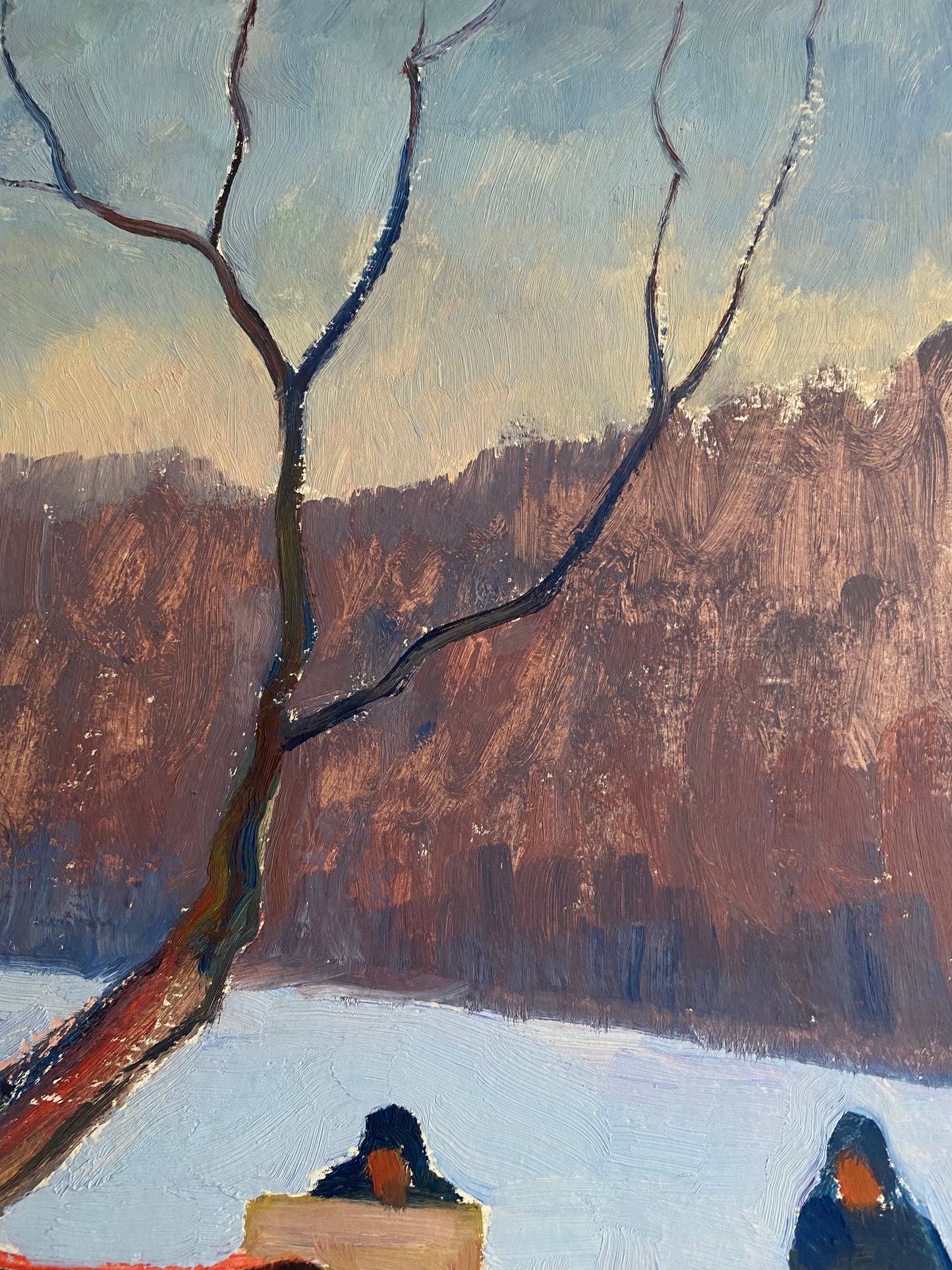 Winterlandschaft mit Pferd und Künstlern. 1979.
