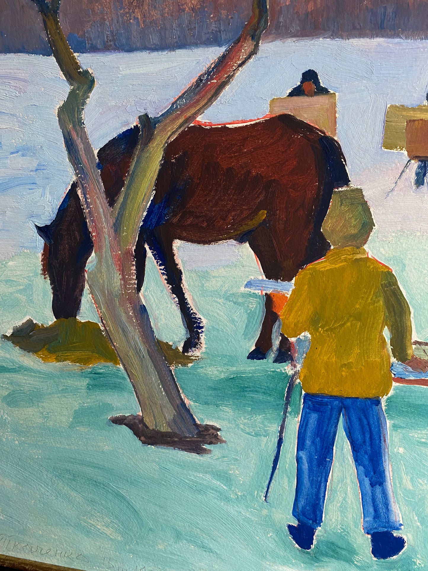 Winterlandschaft mit Pferd und Künstlern. 1979.