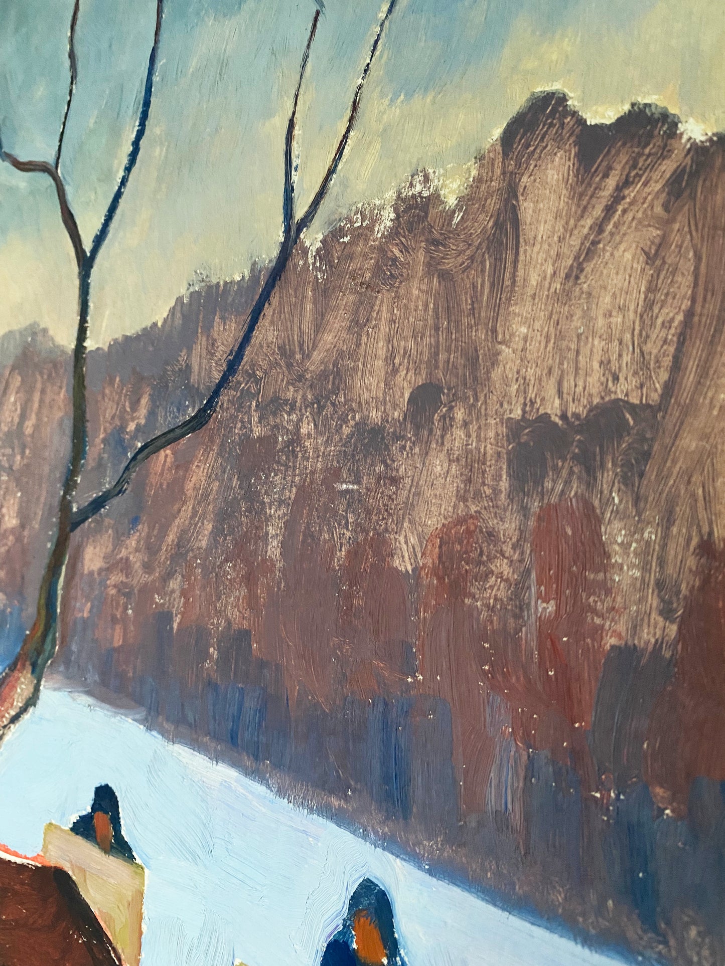 Winterlandschaft mit Pferd und Künstlern. 1979.