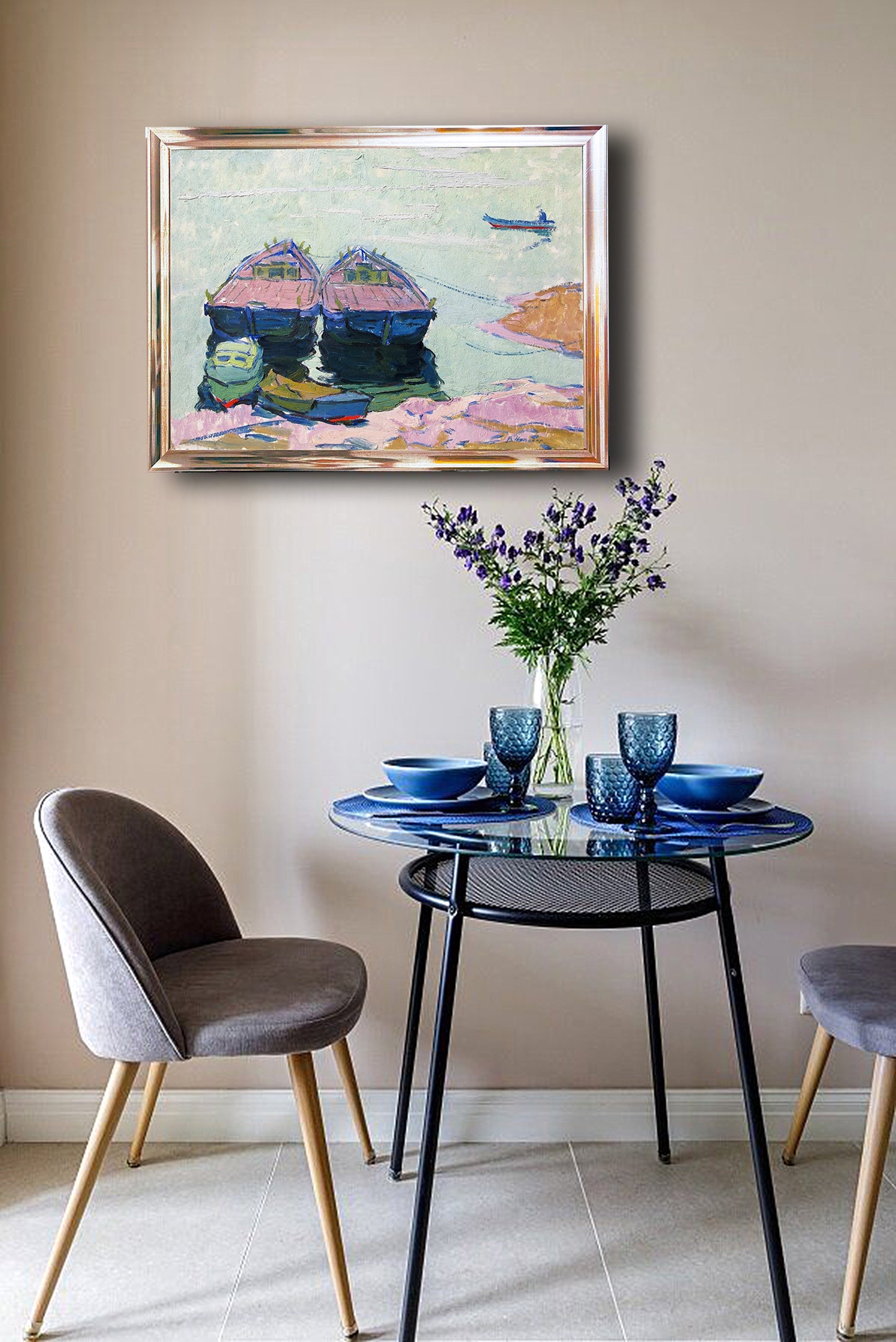 Seascape with boats on the sea. Circa 1970s