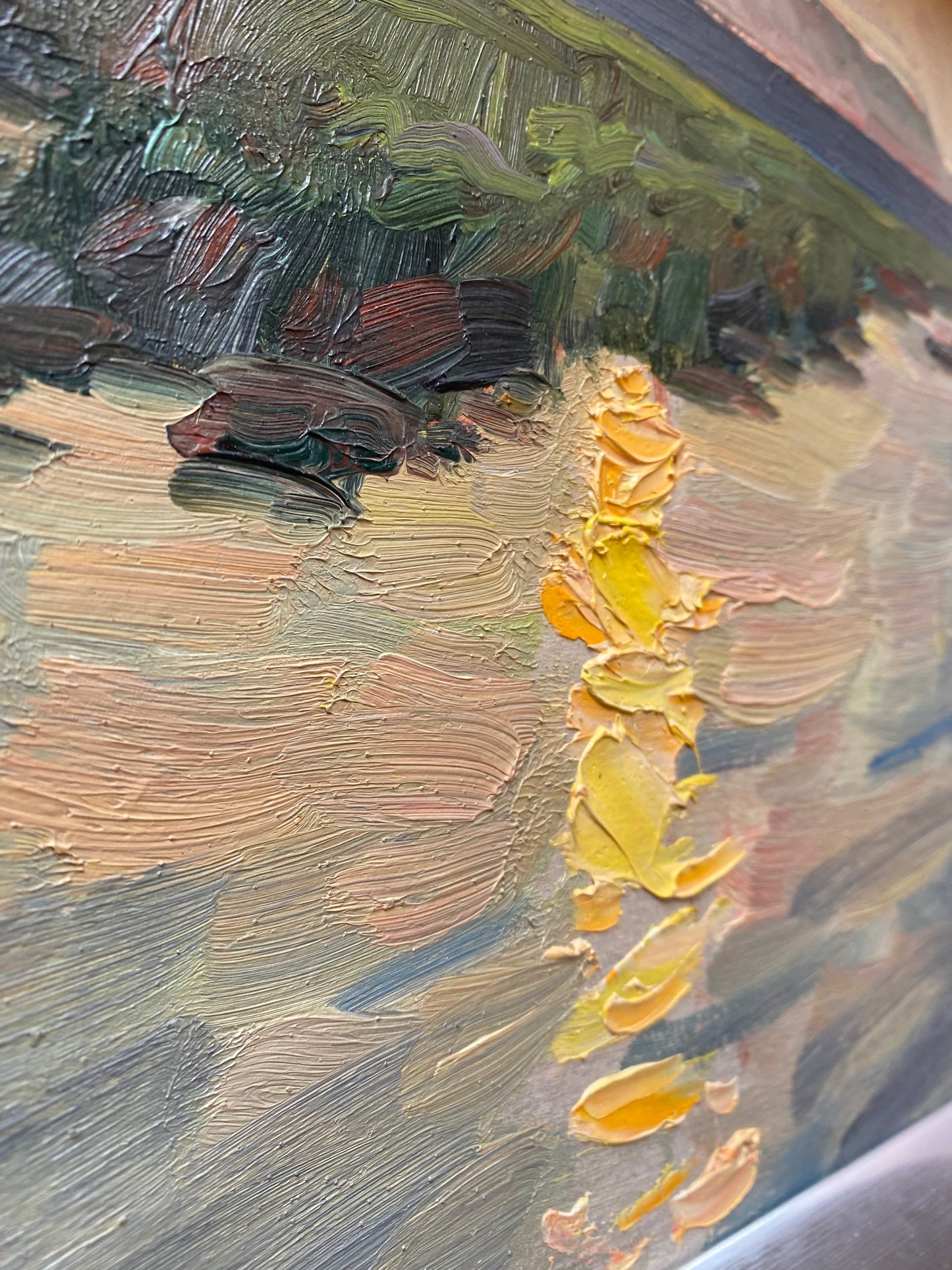 Landscape with a boat over the river at sunrise. 1960.