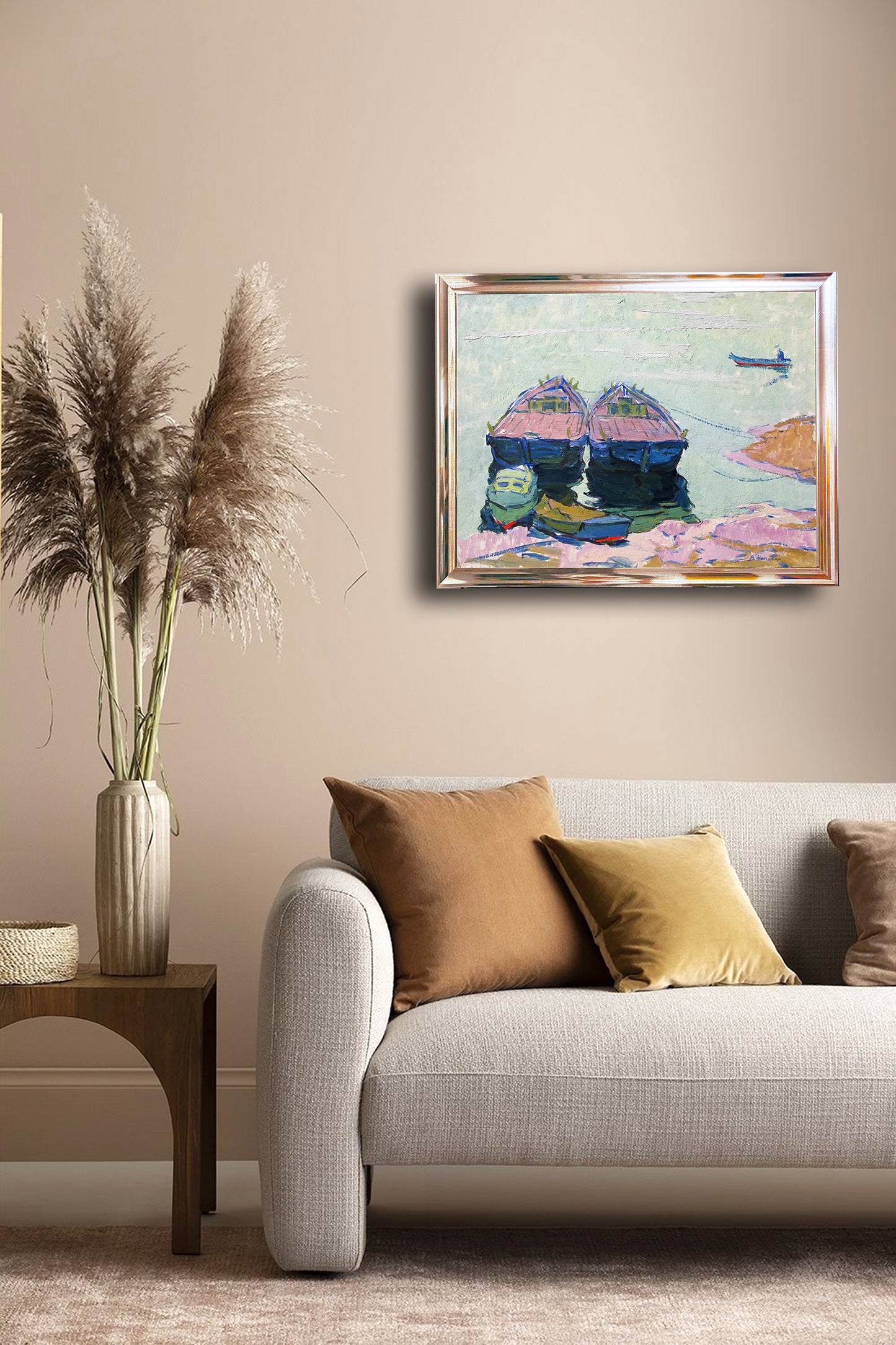 Seascape with boats on the sea. Circa 1970s