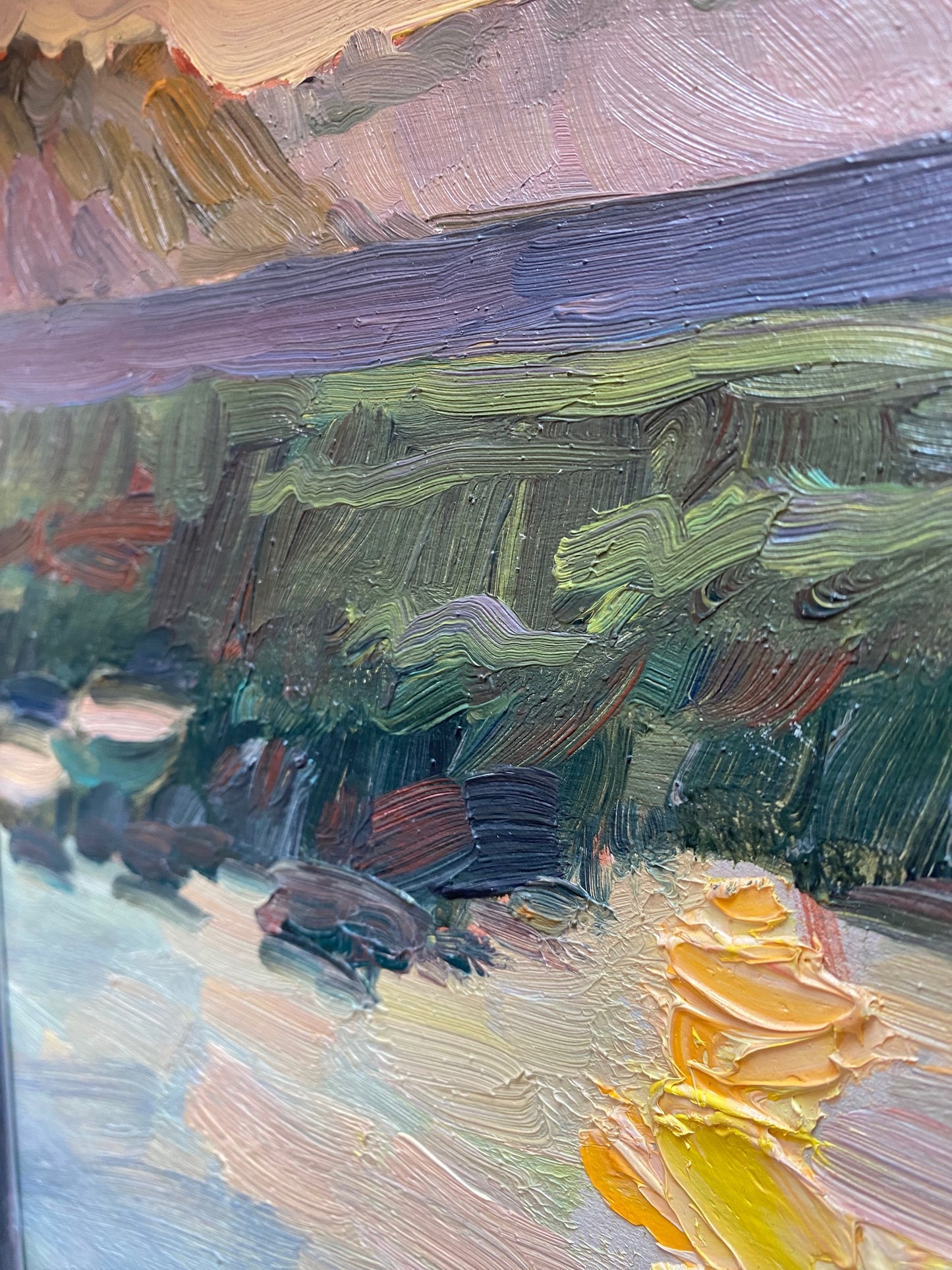 Landscape with a boat over the river at sunrise. 1960.
