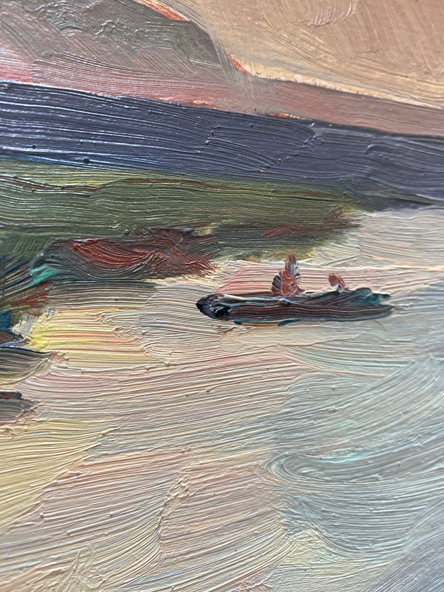 Landscape with a boat over the river at sunrise. 1960.