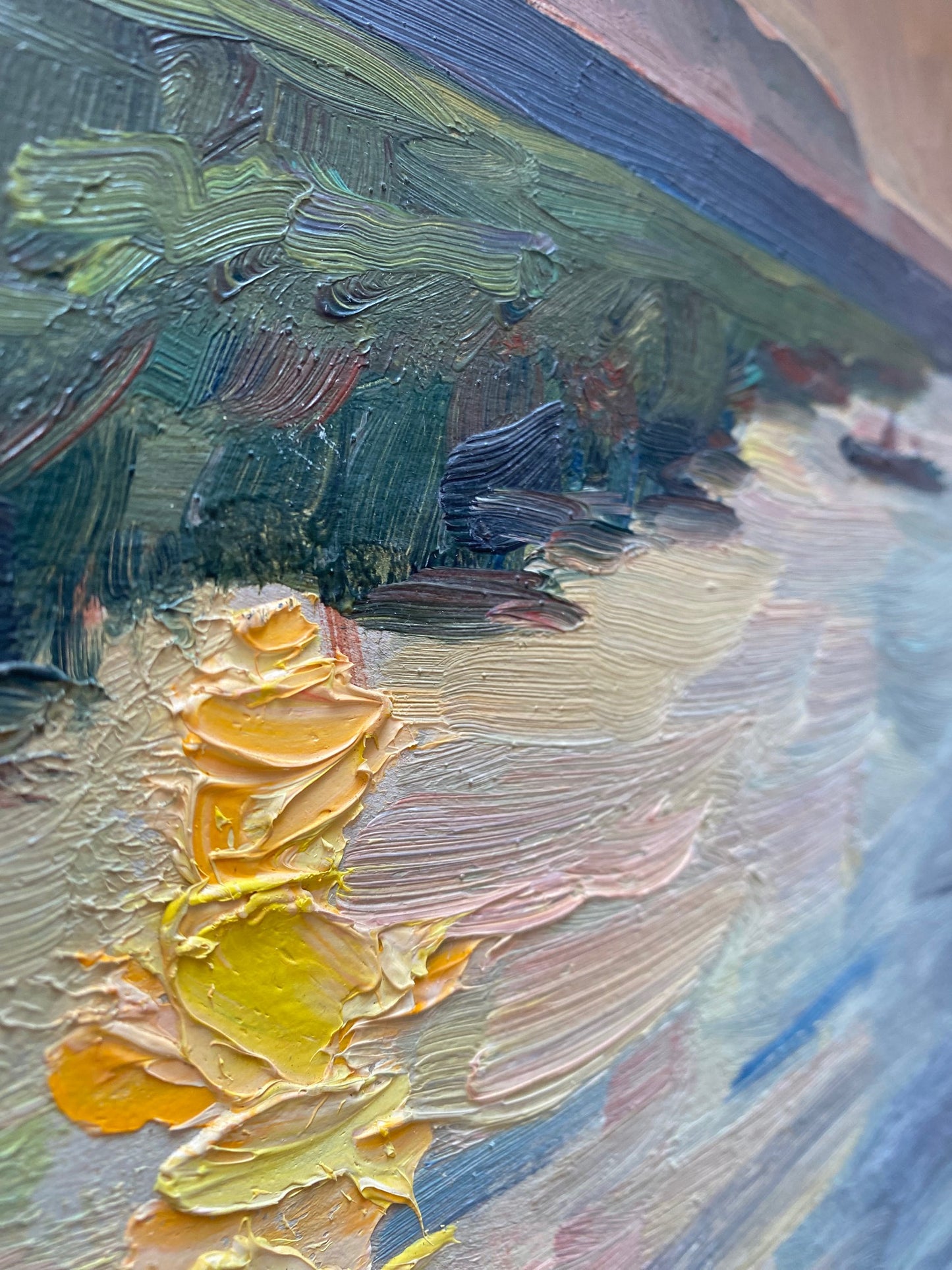 Landscape with a boat over the river at sunrise. 1960.