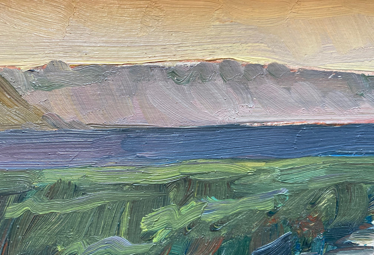 Landscape with a boat over the river at sunrise. 1960.