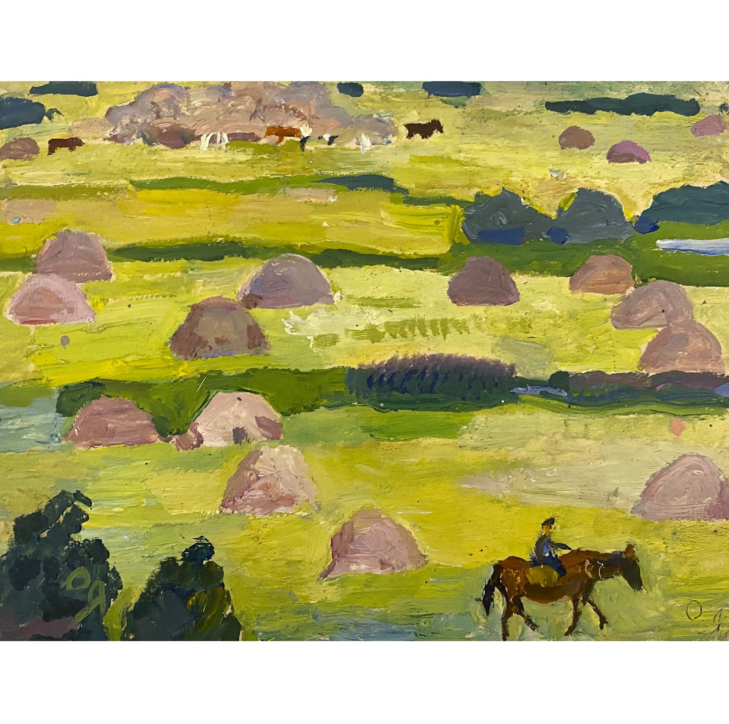 Rural landscape rider in the field. Circa 1980s.