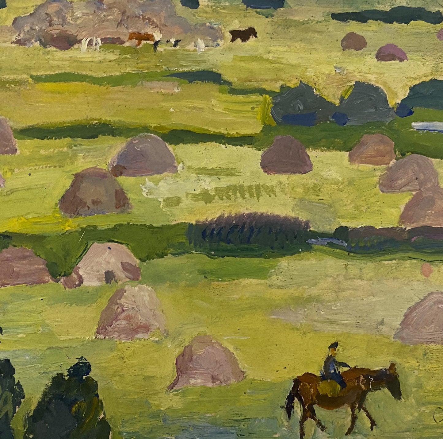 Rural landscape rider in the field. Circa 1980s.