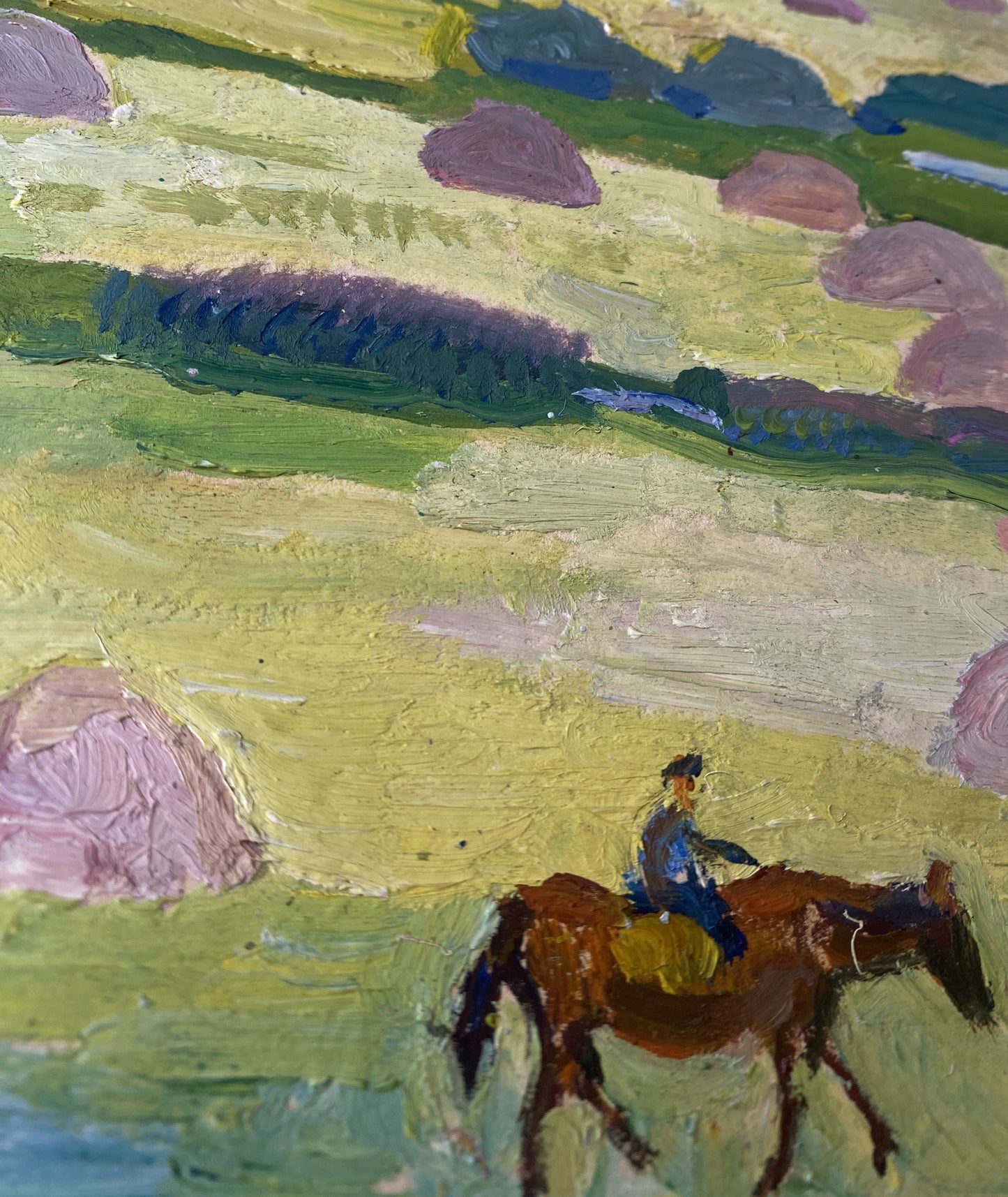 Rural landscape rider in the field. Circa 1980s.