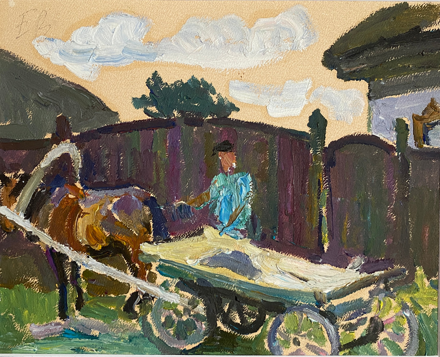 Dorflandschaft mit Pferd und Wagen. 1979.