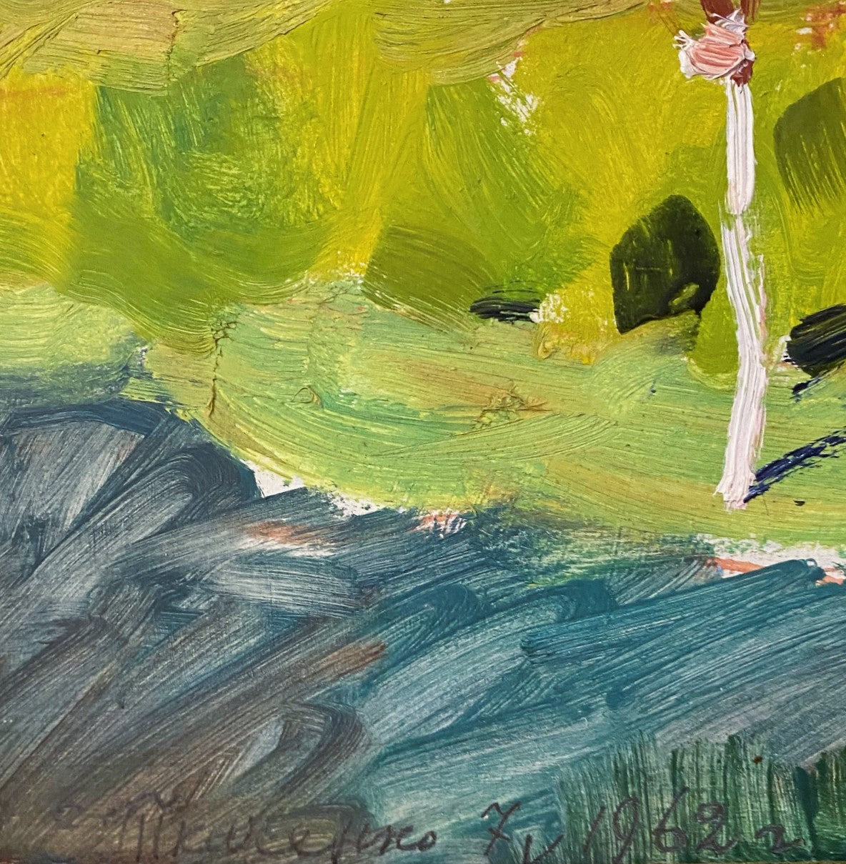 Frühlingslandschaft mit blühenden Bäumen in der Stadt. 1962.