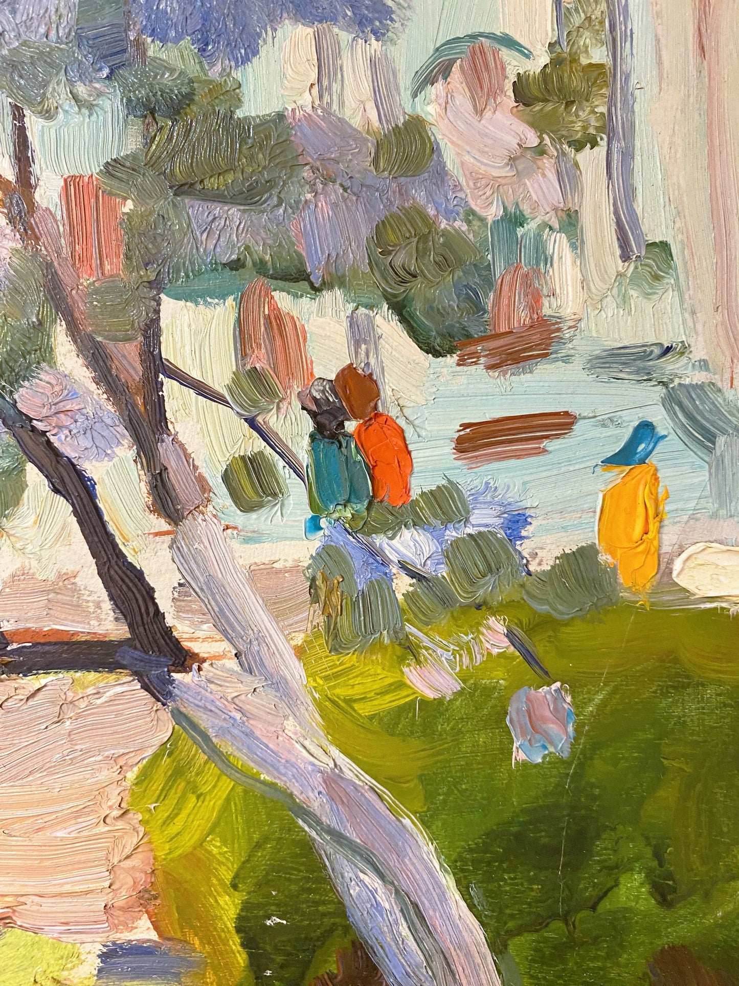Frühlingslandschaft mit blühenden Bäumen in der Stadt. 1962.