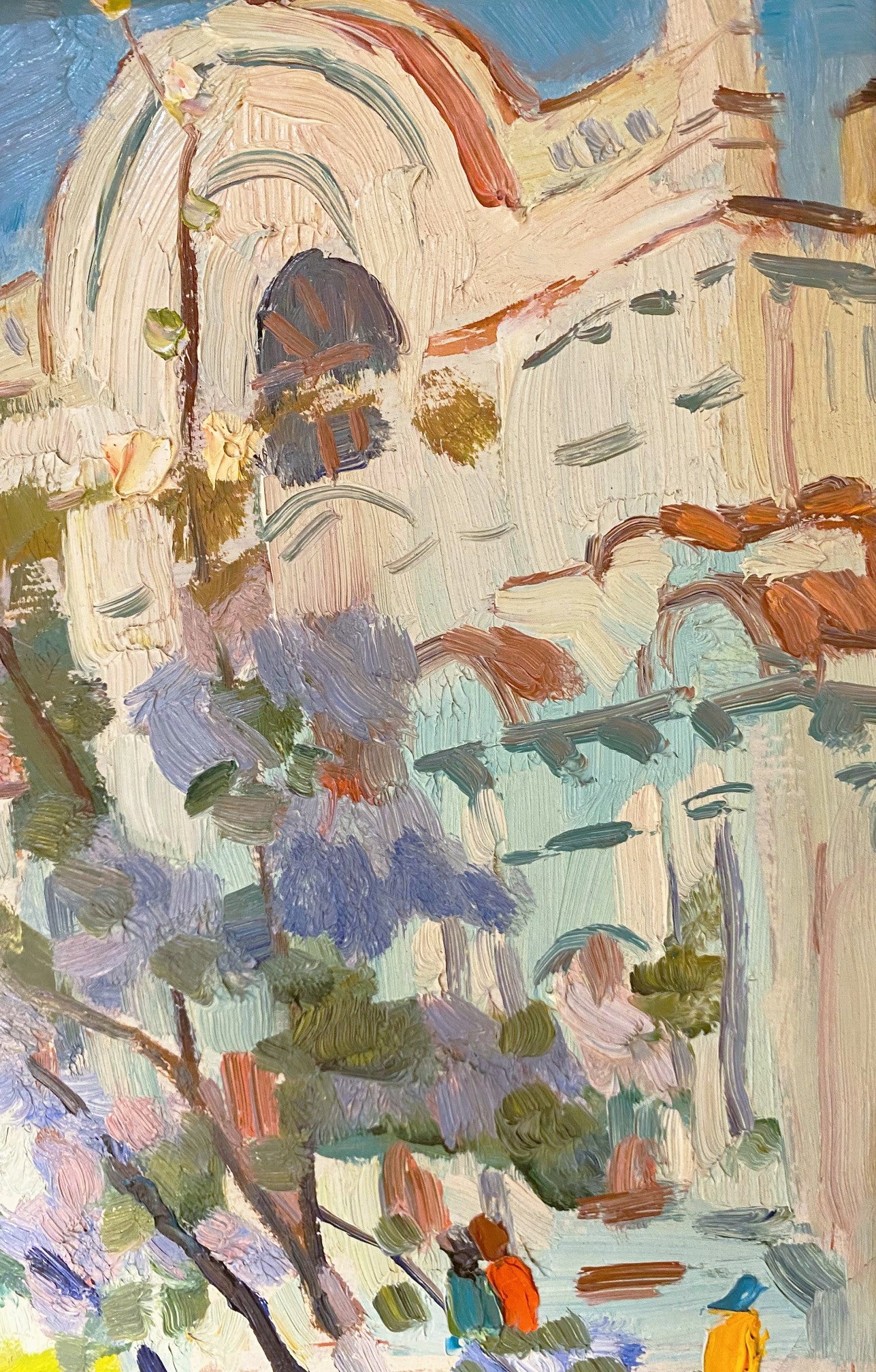Frühlingslandschaft mit blühenden Bäumen in der Stadt. 1962.