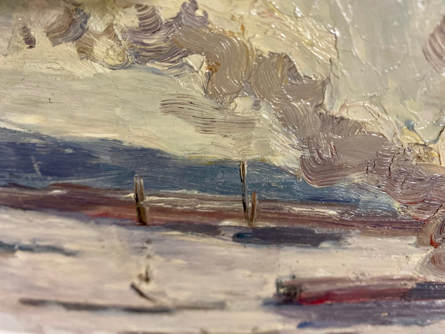 Winterlandschaft mit fahrendem Zug. 1950s.