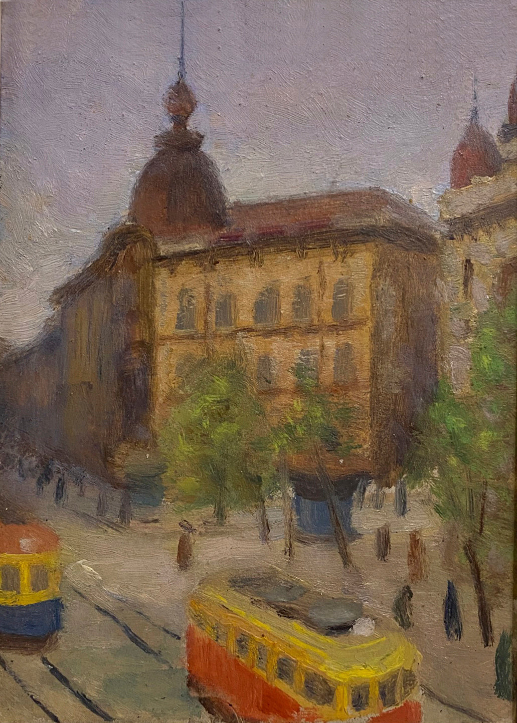 Stadtbild mit Straßenbahn. 1955.