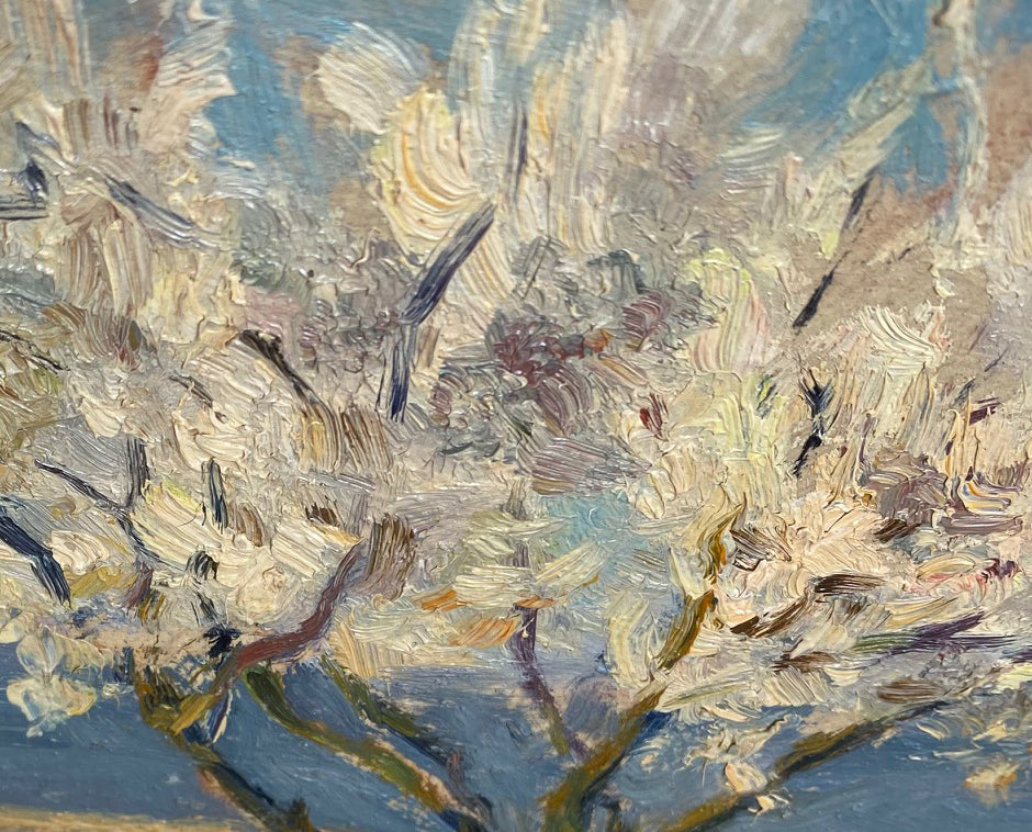 Landscape blossom tree on the river bank. 1951.
