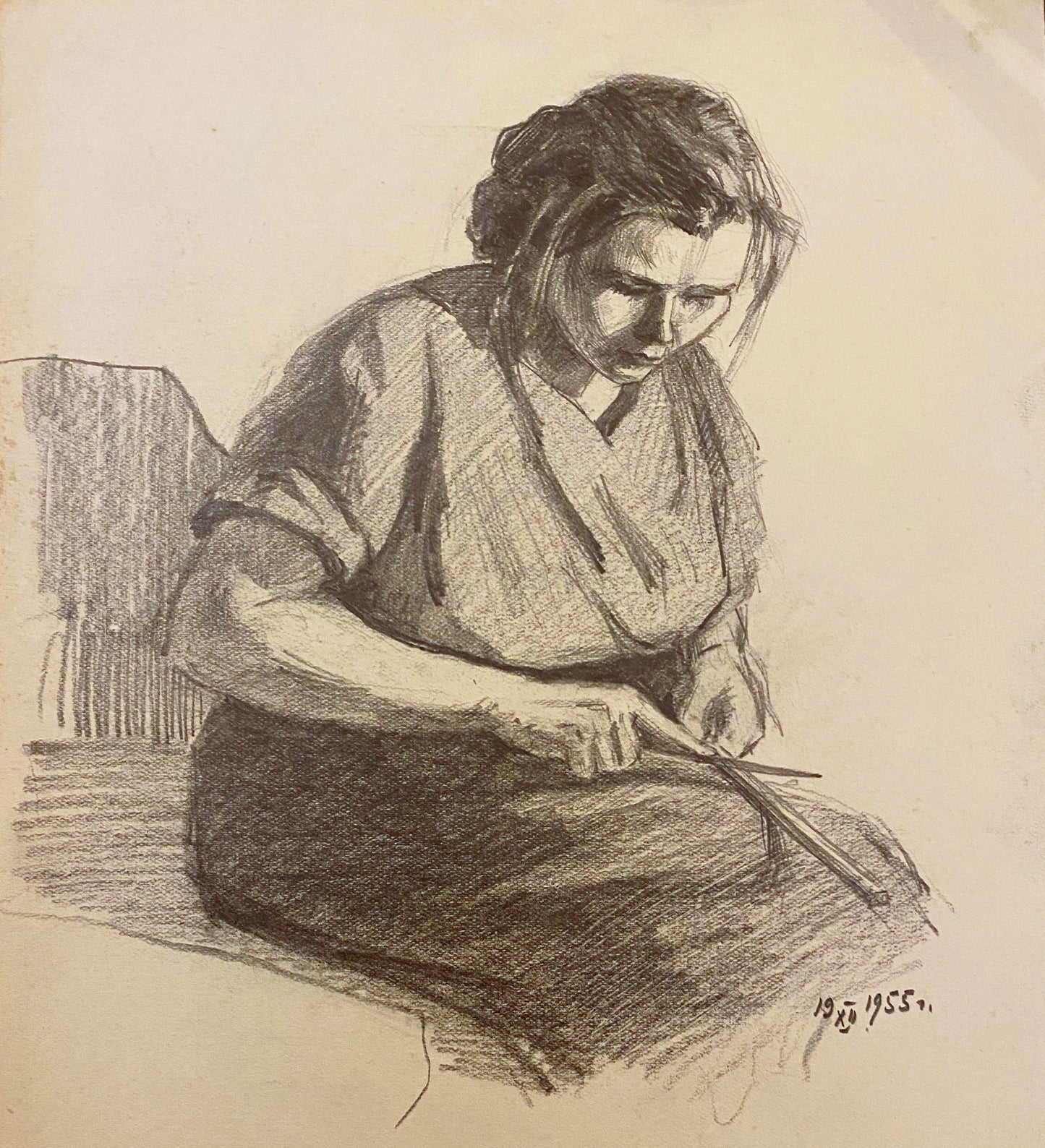 Porträt einer Frau, die ein Messer schärft. 1955.