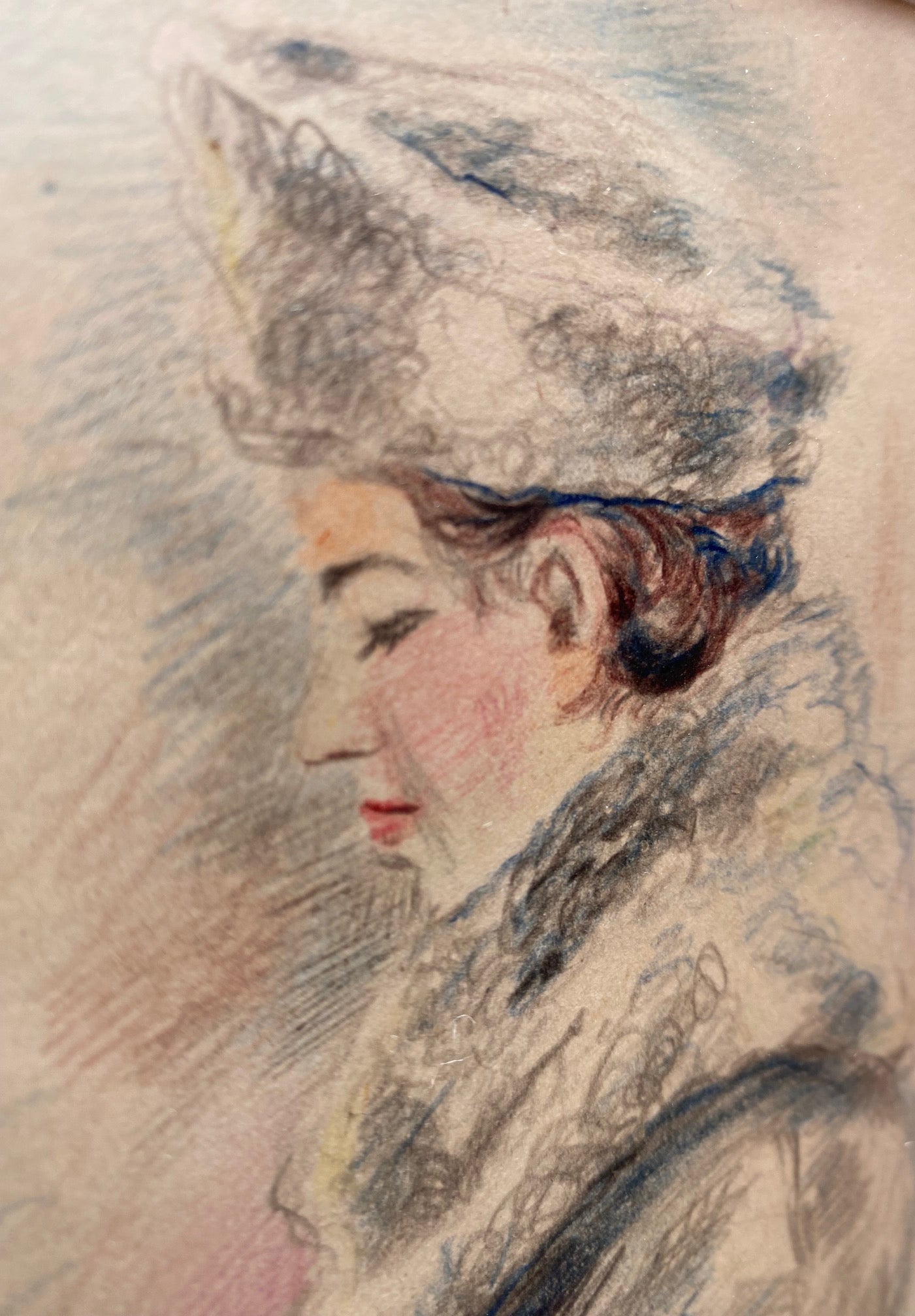 Drawing portrait of woman in retro winter clothing. 1947.