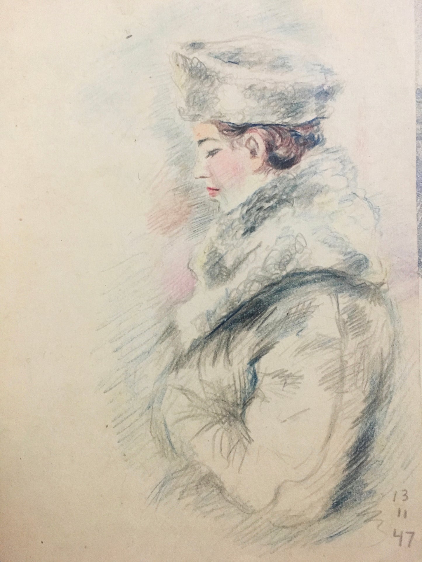 Drawing portrait of woman in retro winter clothing. 1947.