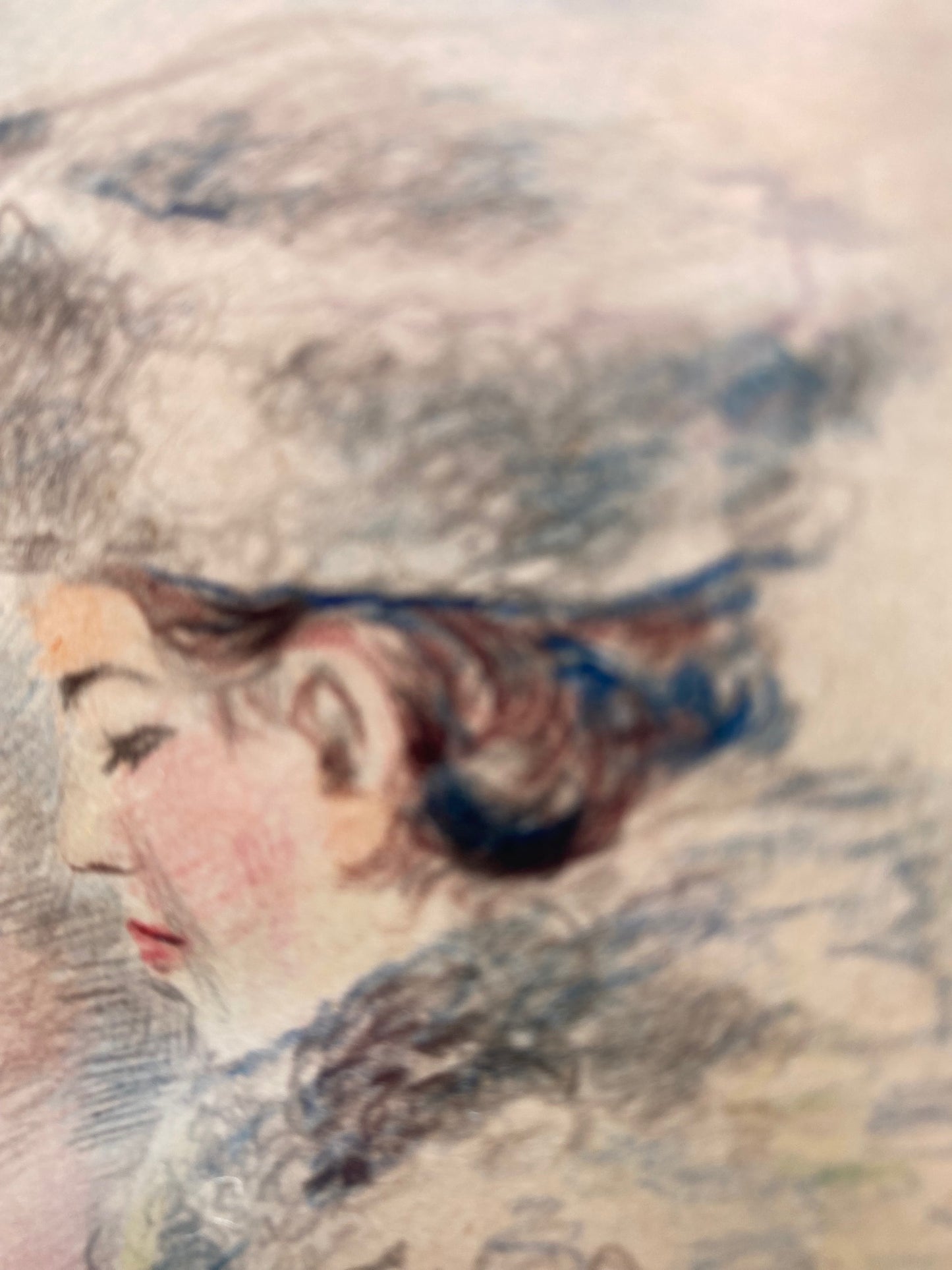 Drawing portrait of woman in retro winter clothing. 1947.