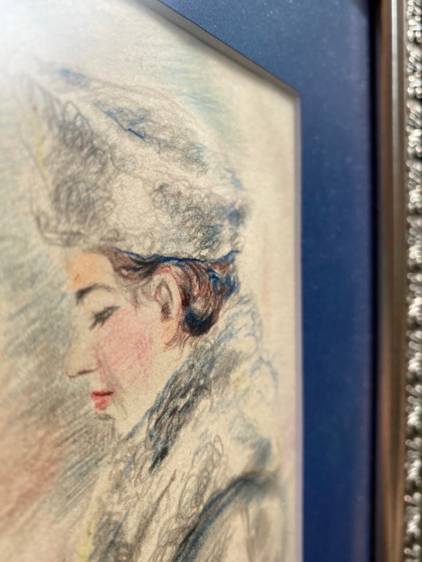 Drawing portrait of woman in retro winter clothing. 1947.