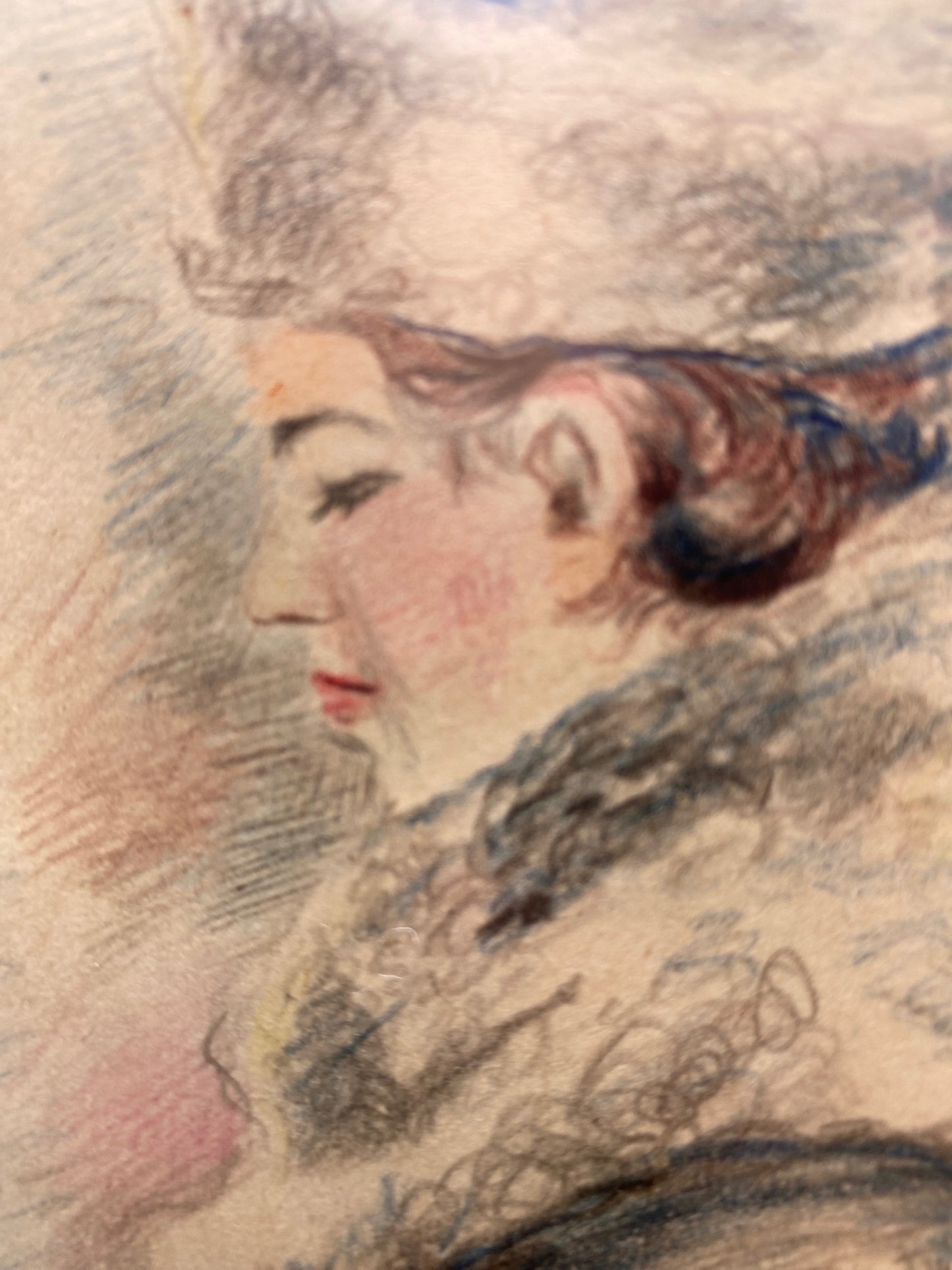 Drawing portrait of woman in retro winter clothing. 1947.