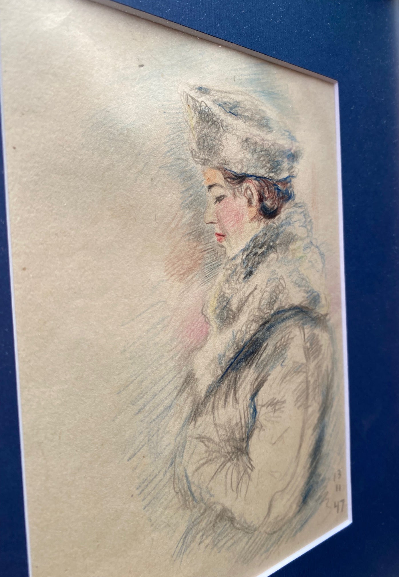 Drawing portrait of woman in retro winter clothing. 1947.