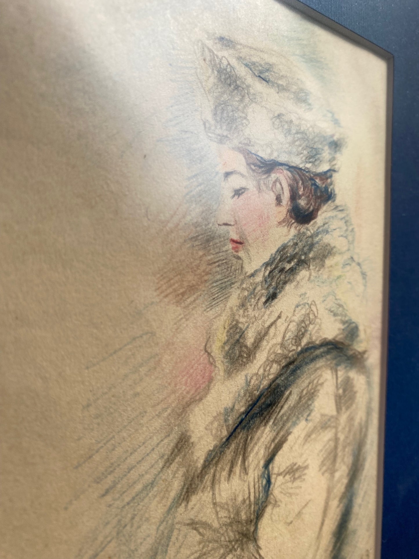 Drawing portrait of woman in retro winter clothing. 1947.