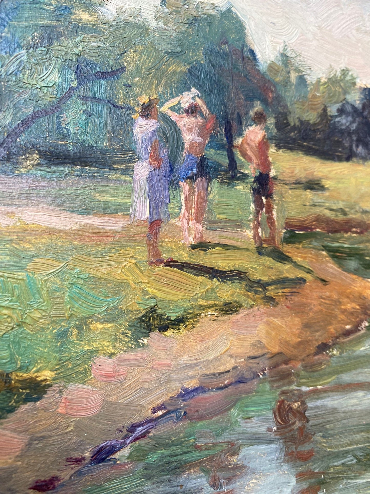 Landschaft mit Badenden am Ufer eines Waldsees. 1953.