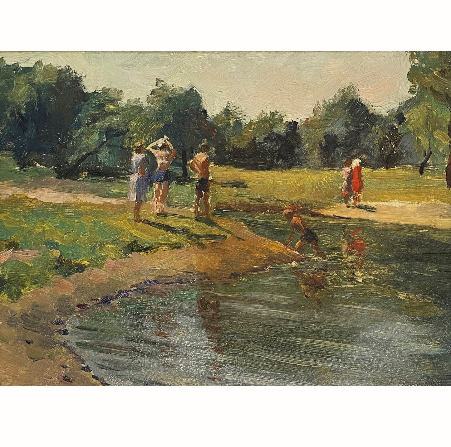 Landschaft mit Badenden am Ufer eines Waldsees. 1953.