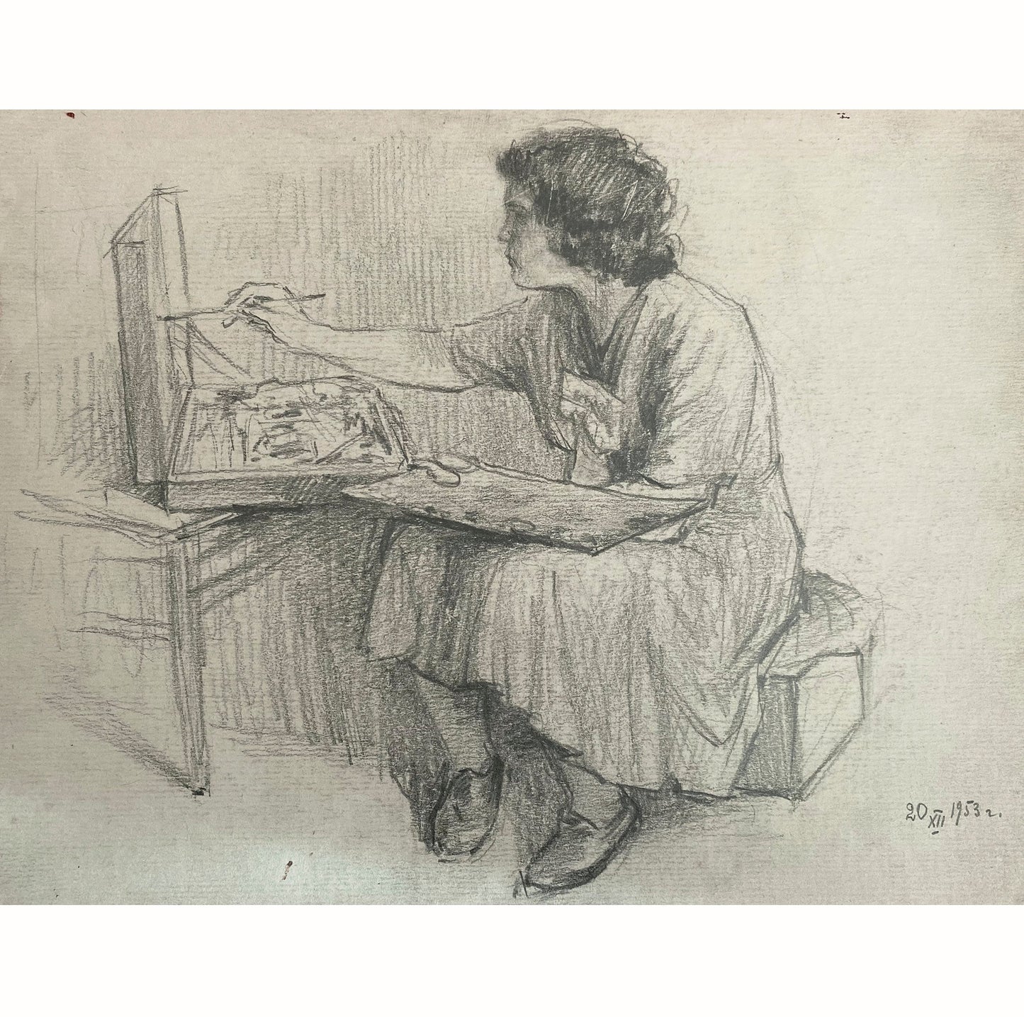 Porträt einer Malerin bei der Arbeit. 1953.