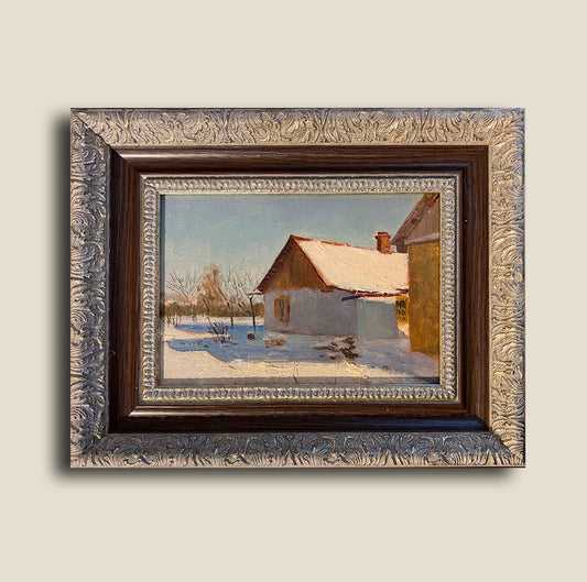 Ländliche Landschaft Winter im Dorf. 1955.