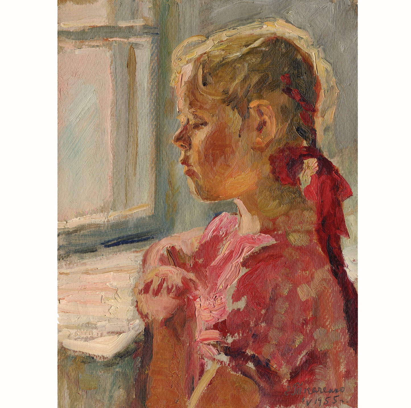 Portrait of a little girl at the window. 1955.